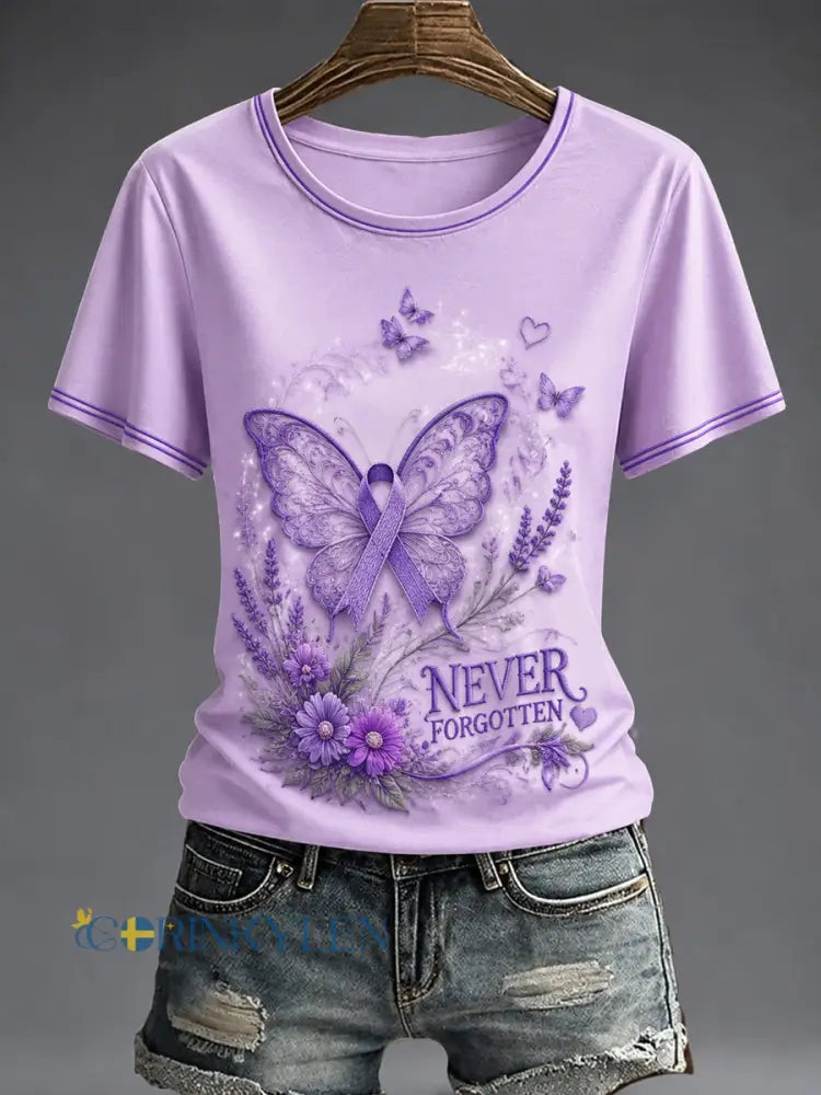 Dammens lila blomsterkonsttryckt t-shirt - som bild / S