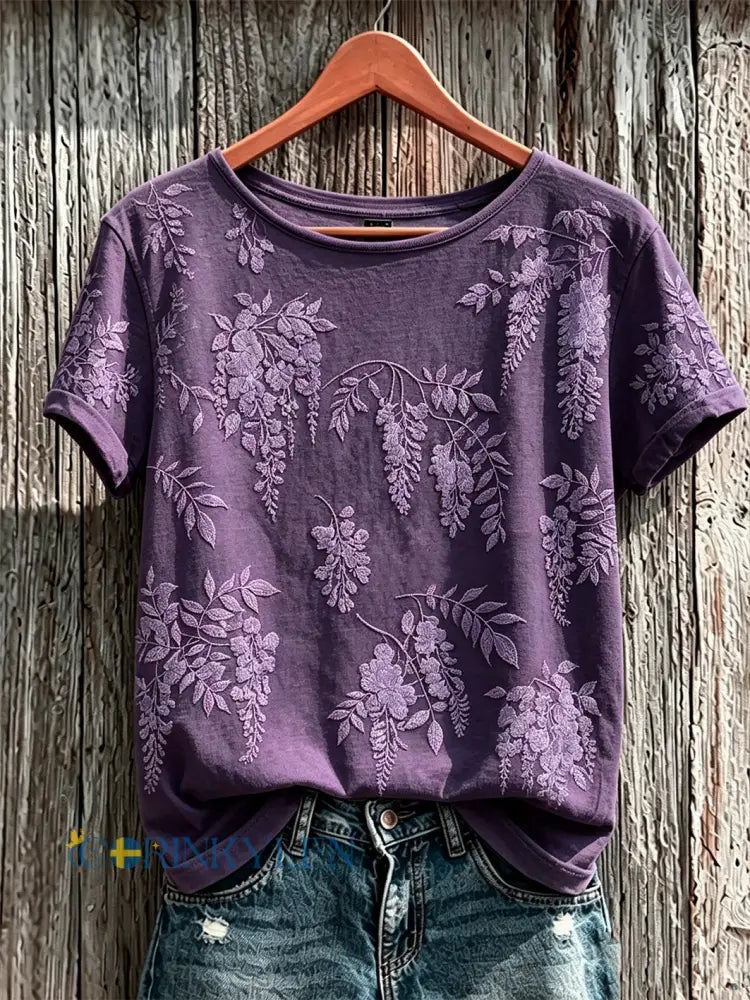 Dammens lila t-shirt med tryckt växt- och blommamönster avslappnad stil och korta ärmar - djup purpura / S