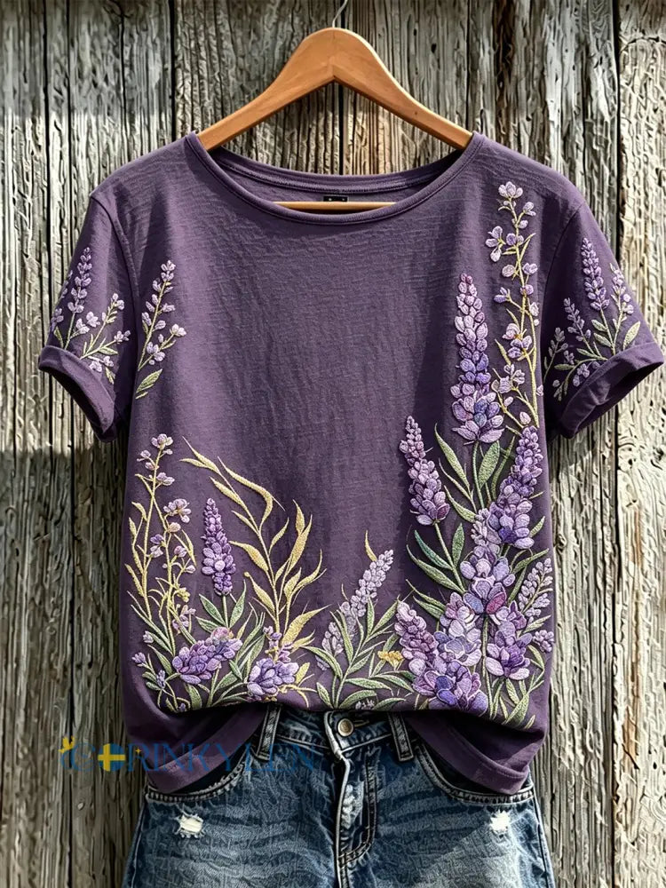 Dammens lila t-shirt med tryckt växt- och blommamönster avslappnad stil och korta ärmar - djup purpura / S