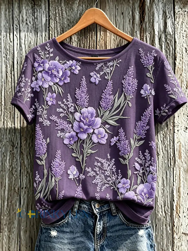 Dammens lila t-shirt med tryckt växt- och blommamönster avslappnad stil och korta ärmar - djup purpura / S