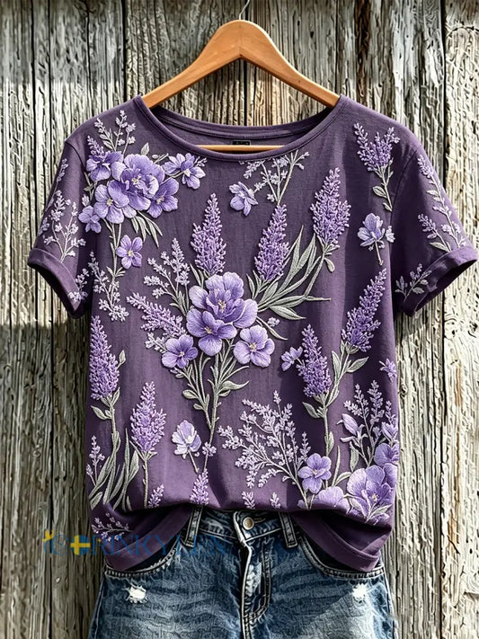 Dammens lila t-shirt med tryckt växt- och blommamönster avslappnad stil och korta ärmar - djup purpura / S