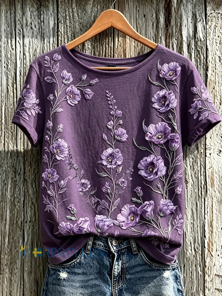 Dammens lila t-shirt med tryckt växt- och blommamönster avslappnad stil och korta ärmar - djup purpura / S