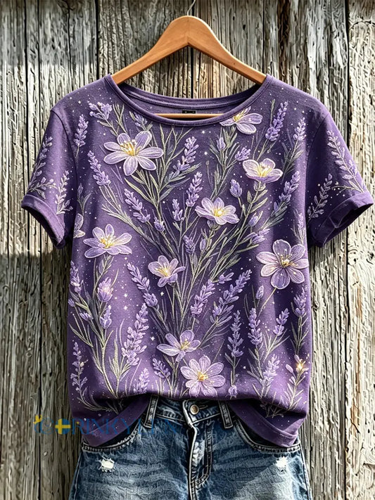 Dammens lila t-shirt med tryckt växt- och blommamönster avslappnad stil och korta ärmar - djup purpura / S