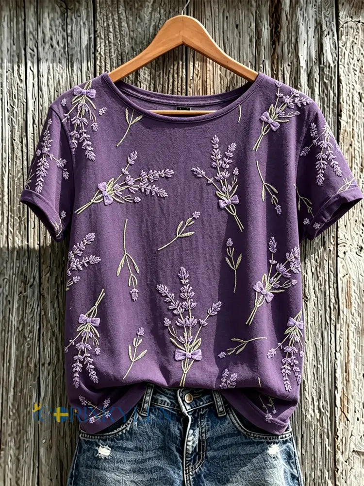 Dammens lila t-shirt med tryckt växt- och blommamönster avslappnad stil och korta ärmar - djup purpura / S