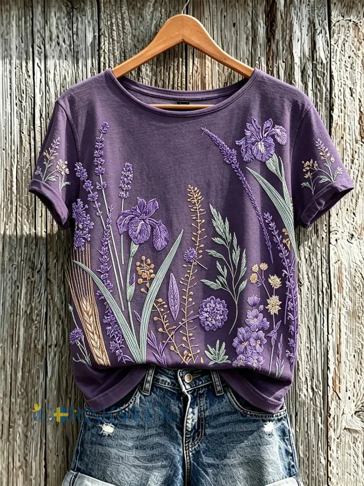 Dammens lila t-shirt med tryckt växt- och blomstermönster för vardagsbruk - djup lila / S