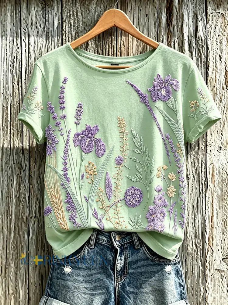 Dammens lila t-shirt med tryckt växt- och blomstermönster för vardagsbruk - ljus grön / S