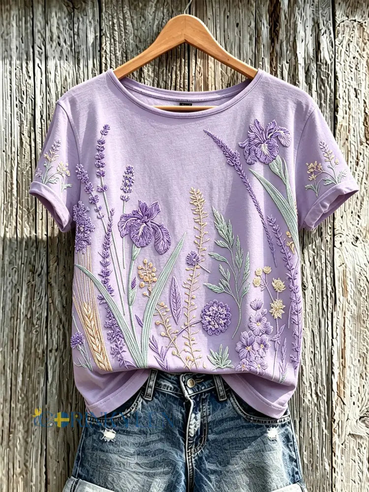 Dammens lila t-shirt med tryckt växt- och blomstermönster för vardagsbruk - ljus purpura / S