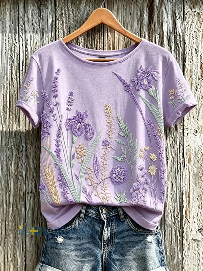 Dammens lila t-shirt med tryckt växt- och blomstermönster för vardagsbruk - ljus purpura / S