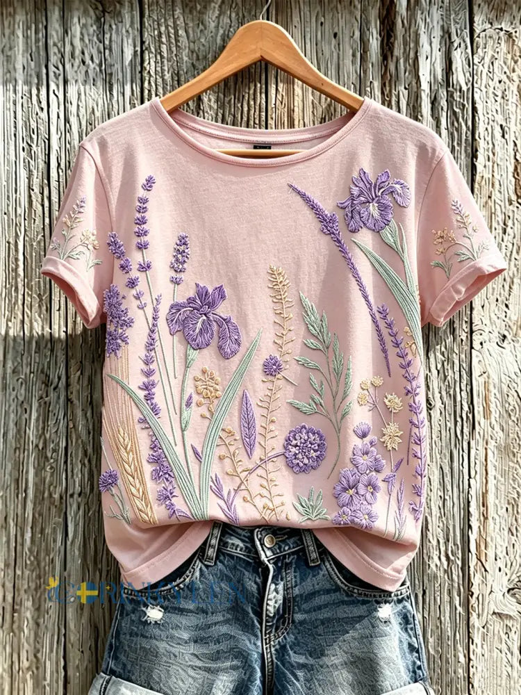 Dammens lila t-shirt med tryckt växt- och blomstermönster för vardagsbruk - ljus rosa / S