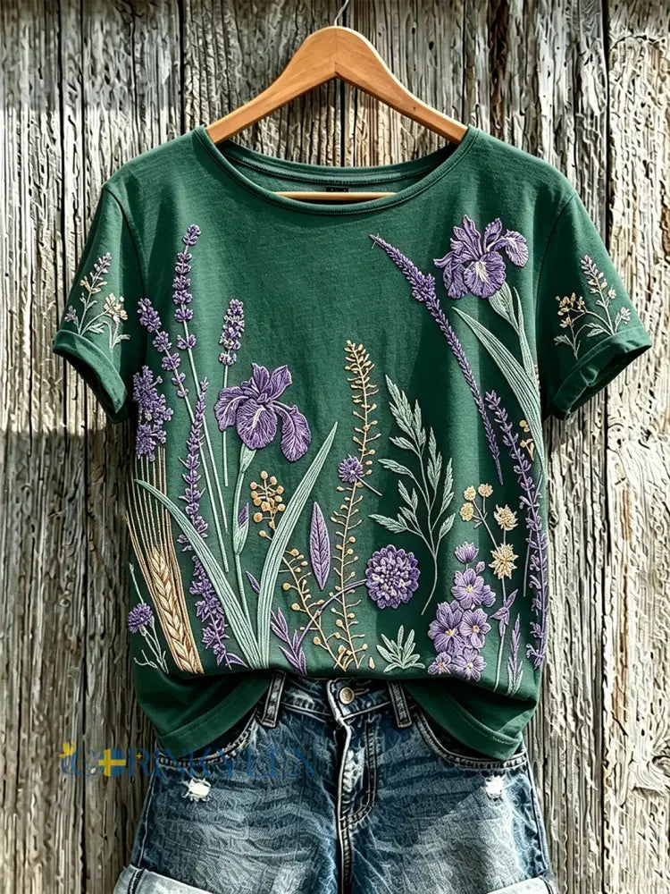 Dammens lila t-shirt med tryckt växt- och blomstermönster för vardagsbruk - mörk grön / S