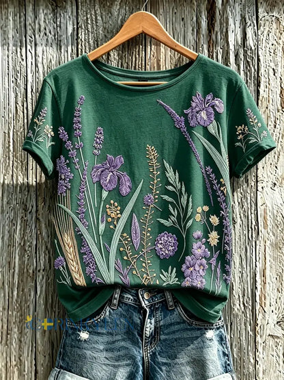 Dammens lila t-shirt med tryckt växt- och blomstermönster för vardagsbruk - mörk grön / S