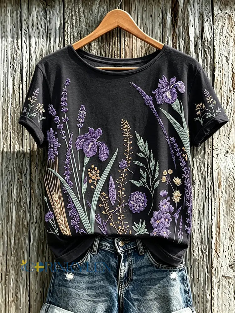 Dammens lila t-shirt med tryckt växt- och blomstermönster för vardagsbruk - svart / S