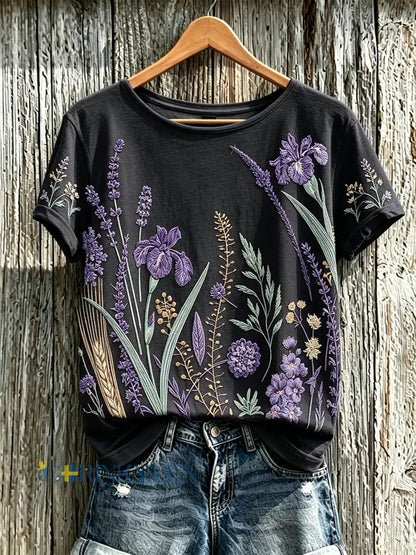 Dammens lila t-shirt med tryckt växt- och blomstermönster för vardagsbruk - svart / S