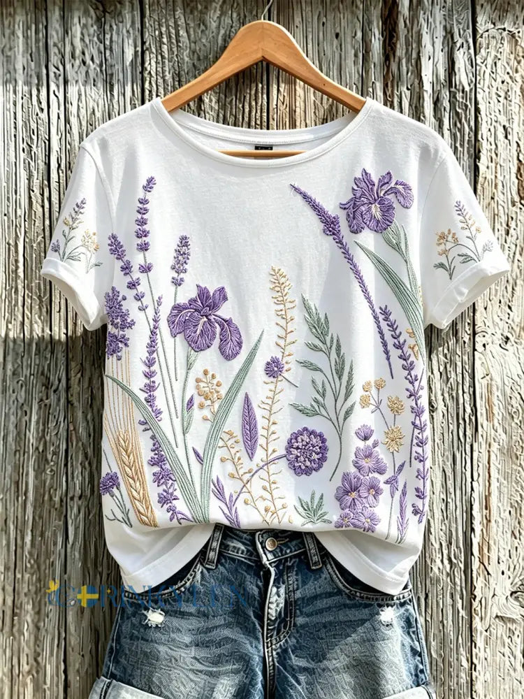 Dammens lila t-shirt med tryckt växt- och blomstermönster för vardagsbruk - vit / S