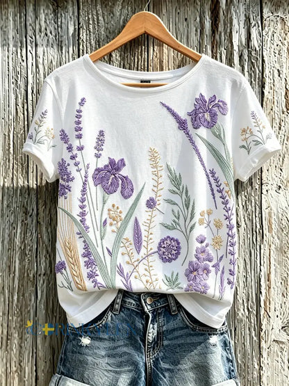 Dammens lila t-shirt med tryckt växt- och blomstermönster för vardagsbruk - vit / S