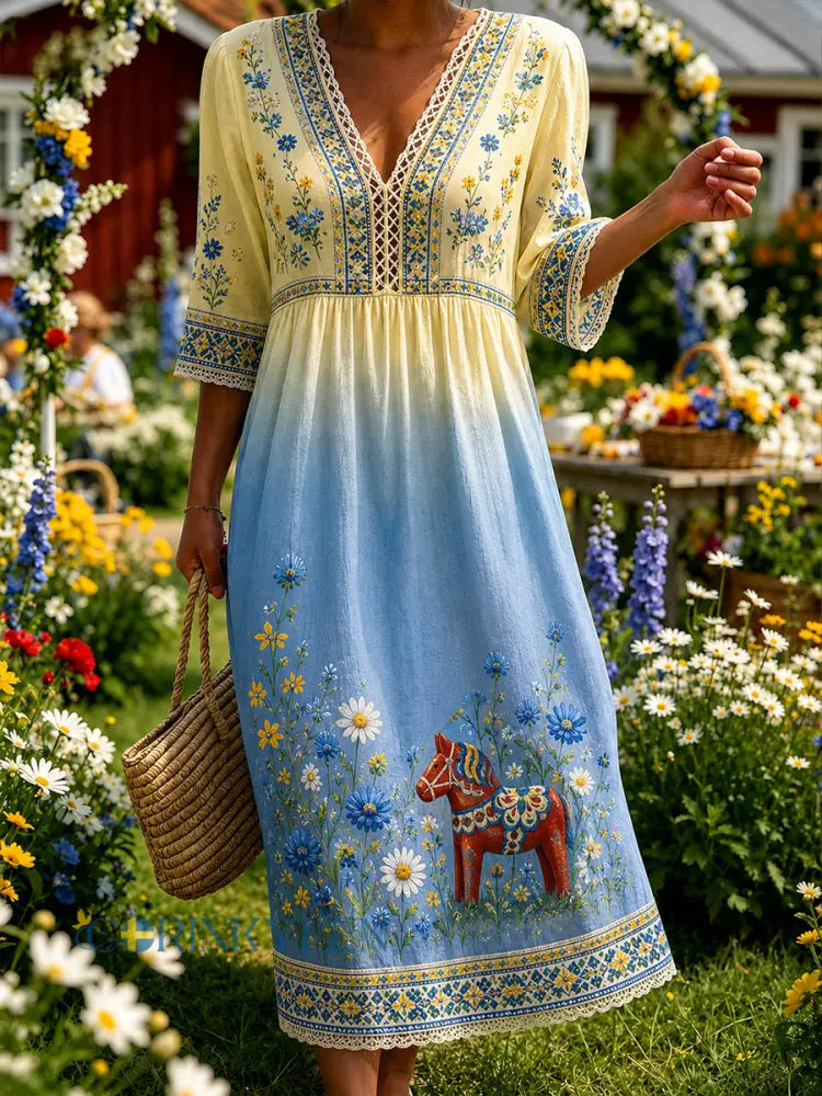 Dammens midsommarklänning med blommönster och v-ringning - A / S