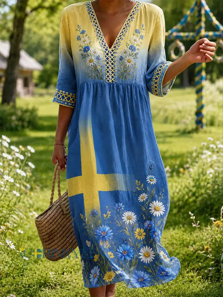Dammens midsommarklänning med blommönster och v-ringning - A / S