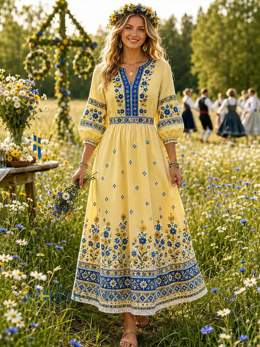 Dammens midsommarklänning med blommönster och v-ringning - A / S