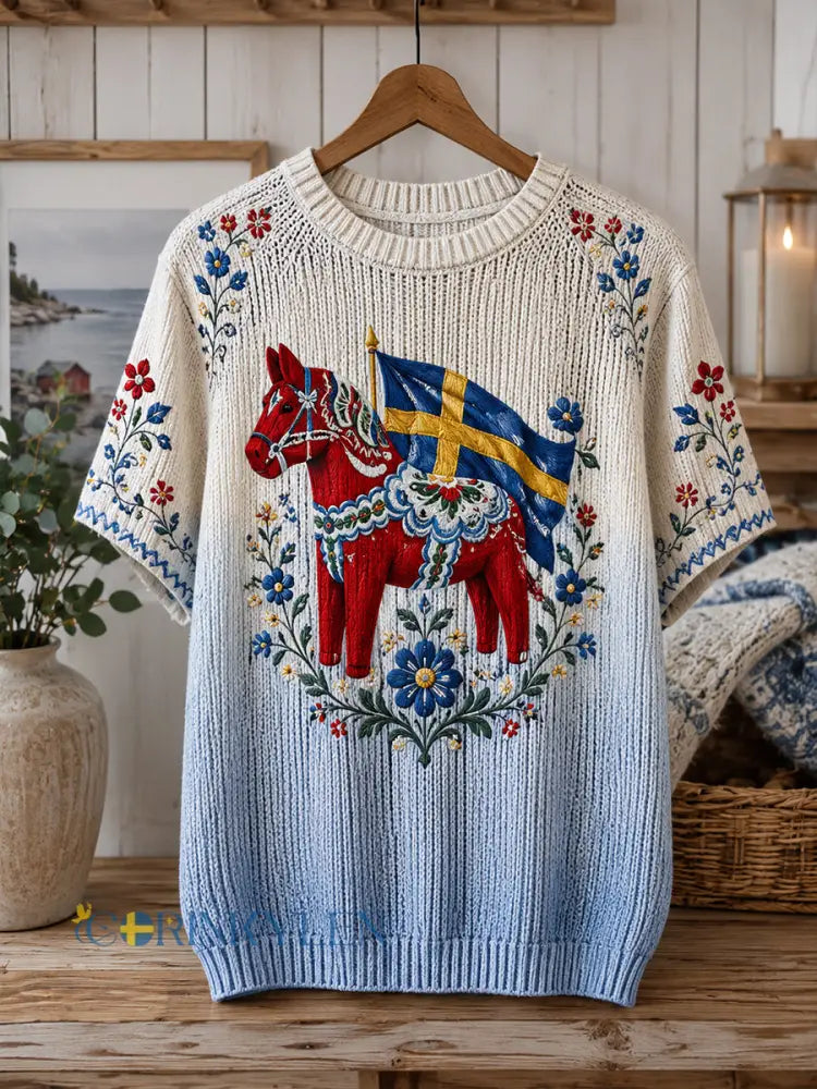 Dammens midsommartröja i stickat tyg med blommönster och korta ärmar - A / S