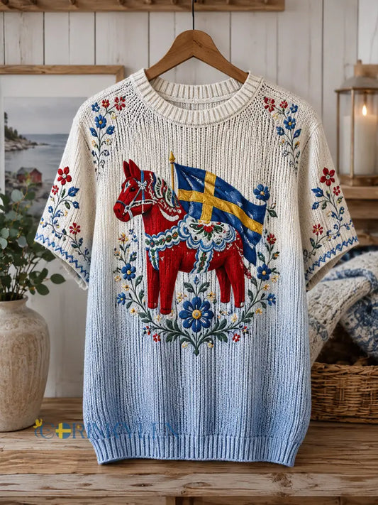 Dammens midsommartröja i stickat tyg med blommönster och korta ärmar - A / S