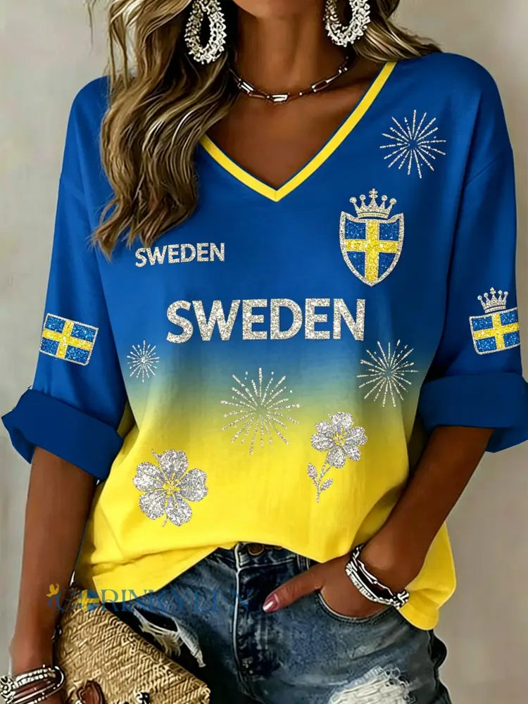 Dammens nationella dag-temad v-ringad topp med gradientpärlpricksmönster - A / S