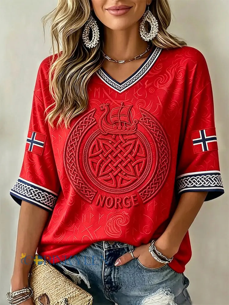 Dammens Norge Viking Keltisk Konst Flagga Tryck Mellersta Ärmarna V-Neck T-Shirt - röd / S