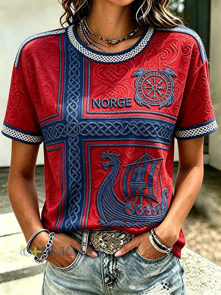 Dammens Norge vikingaskipsinspirerad konst keltiskt tryck t-shirt med korta ärmarna - röd / S