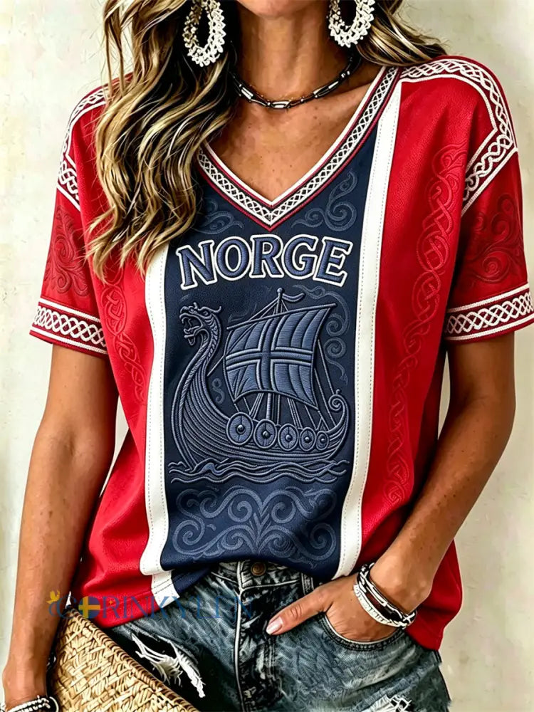 Dammens Norge Vikingaskipskeltisk knutflagga färgblocktryckt t-shirt med korta ärmar - röd / S