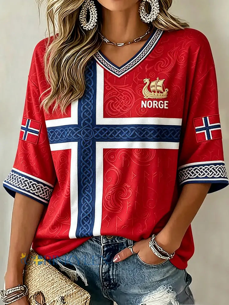 Dammens Norge Vikingaskipskeltiskt tryck middlånga ärmars V-ringad t-shirt - röd / S