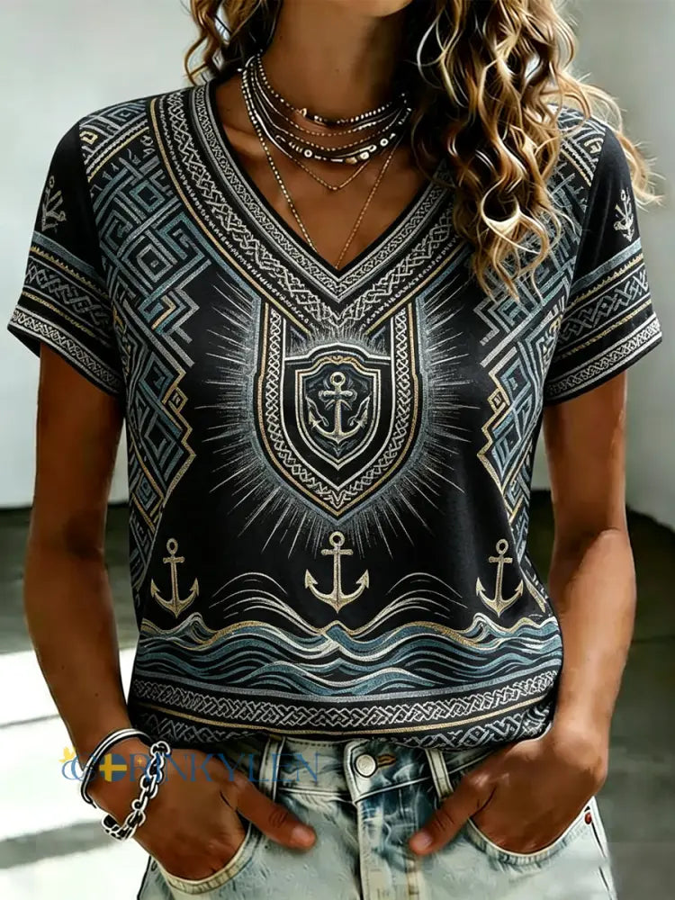 Dammens norska fjordviking-tryckta t-shirt med v-ringning - som bild / S