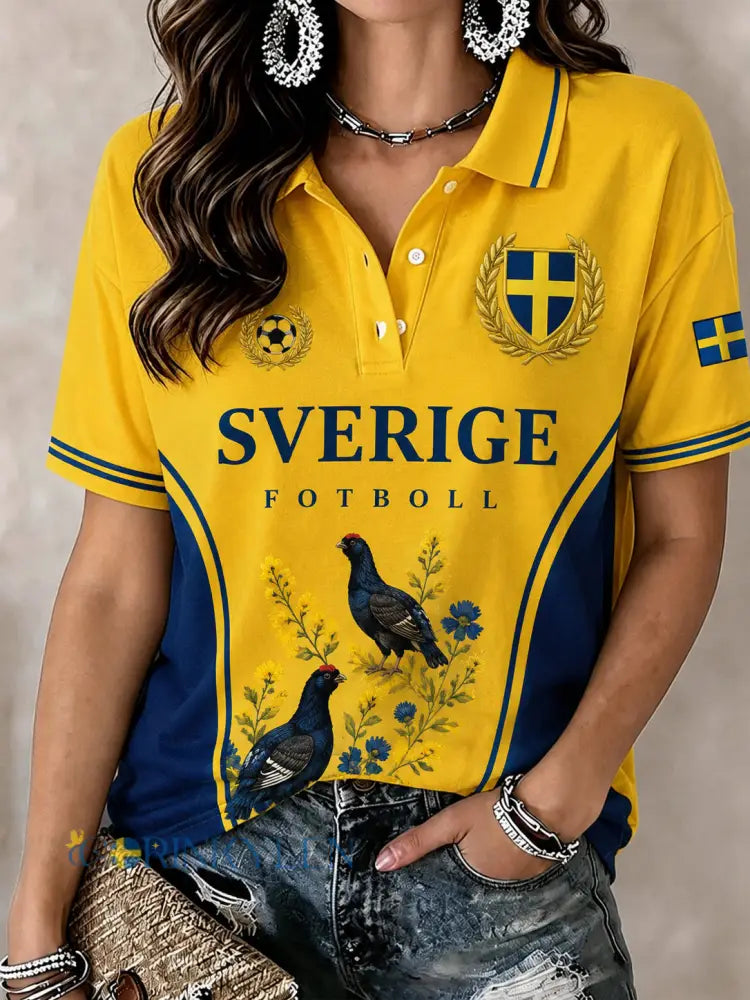 Dammens polo med blommigt fotbollsmönster och korta ärmar - A / S