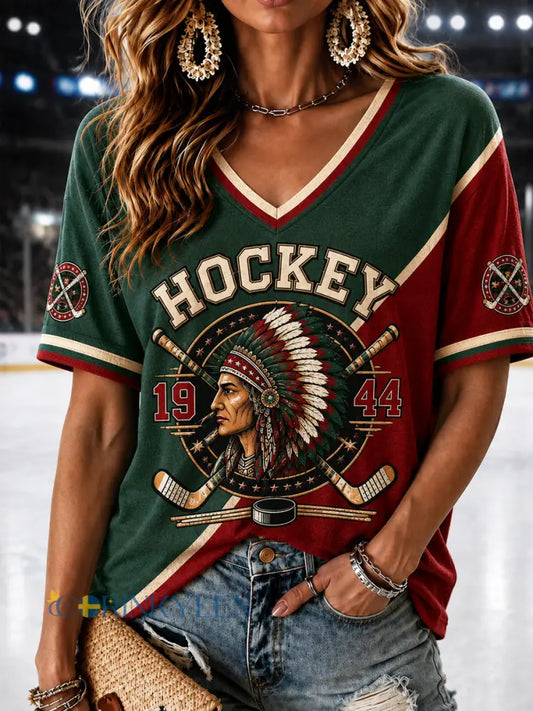 Dammens retro Göteborgshockeyfantastiskt avslappnat t-shirt med v-ringning - som bild / S