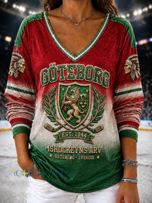 Dammens retro Göteborgshockeytröja med v-ringning och färggradient - som bild / S