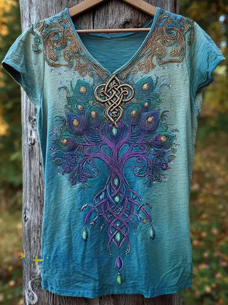 Dammens retro nordisk mytologivikingmönstrad t-shirt med korta ärmar - Peacock blå / S
