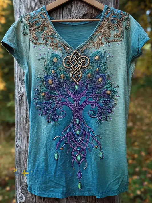 Dammens retro nordisk mytologivikingmönstrad t-shirt med korta ärmar - Peacock blå / S