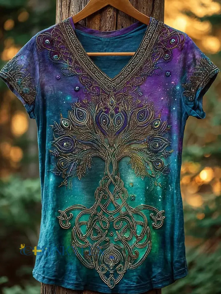 Dammens retro nordisk mytologivikingmönstrad t-shirt med korta ärmar - Peacock blå / S