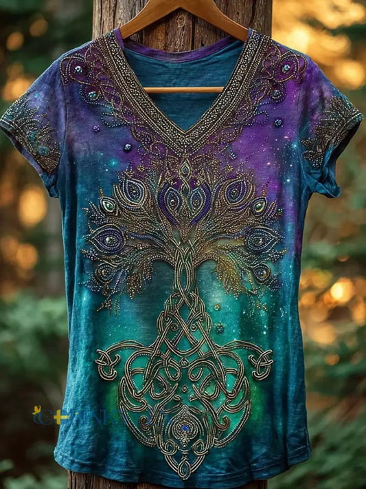 Dammens retro nordisk mytologivikingmönstrad t-shirt med korta ärmar - Peacock blå / S