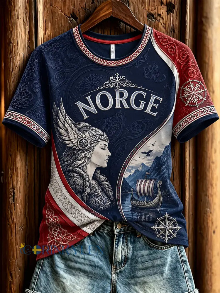Dammens retro norska viking- och keltiskt konst t-shirt - som bild / S
