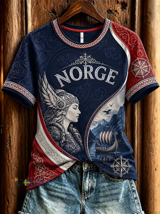 Dammens retro norska viking- och keltiskt konst t-shirt - som bild / S
