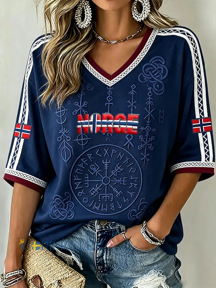 Dammens retro norska vikingamönstertryckta t-shirt med halvlånga ärmar och V-ringning - djupblåa / S