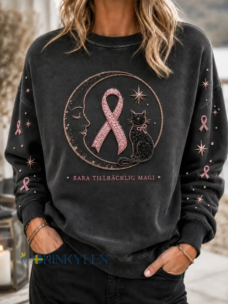 Dammens retro svart katt-sweatshirt för bröstcancermedvetenhet - som bild / S