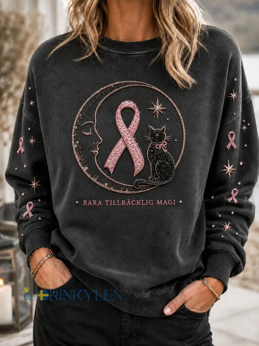 Dammens retro svart katt-sweatshirt för bröstcancermedvetenhet - som bild / S