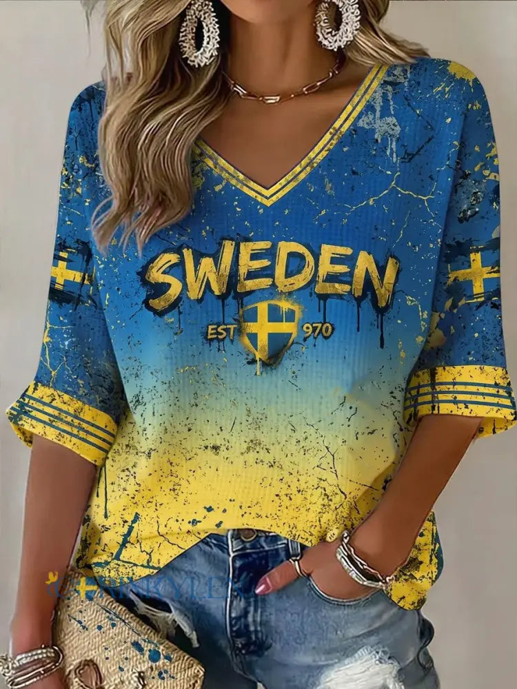 Dammens retro svensk fotbollsläkare 2026 tryckt topp - blå / S