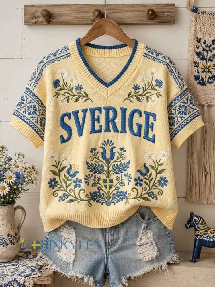 Dammens retro svensk midsommarfolk-stil bomullströja med blommönster och korta ärmar - gul / S