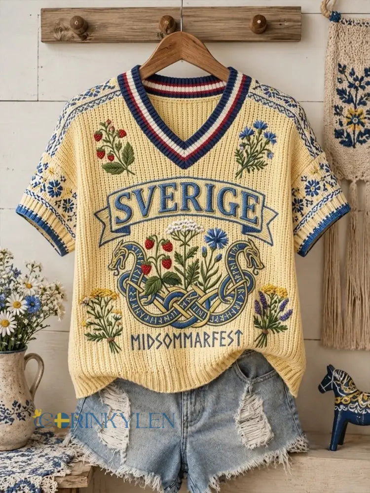 Dammens retro svensk midsommarfolk-stil bomullströja med blommönster och korta ärmar - gul / S