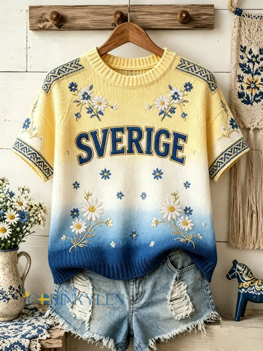 Dammens retro svensk midsommarfolkal blommig stickad kortärmad t-shirt - gul / S