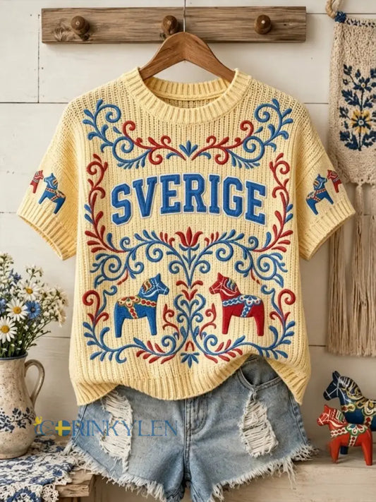 Dammens retro svensk midsommarfolkal blommig stickad kortärmad t-shirt - gul / S