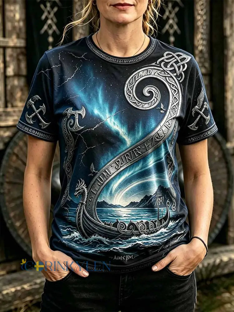 Dammens retro t-shirt med vikingamönster - som bild / S