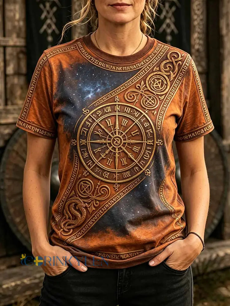 Dammens retro t-shirt med vikingamönster - som bild / S