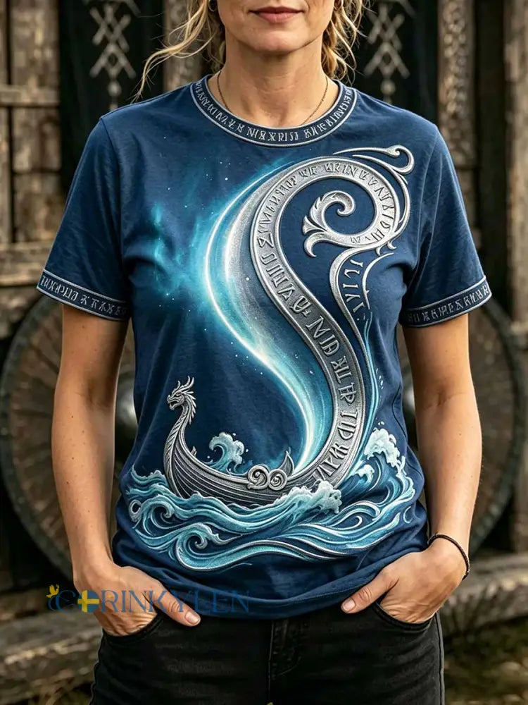 Dammens retro t-shirt med vikingamönster - som bild / S